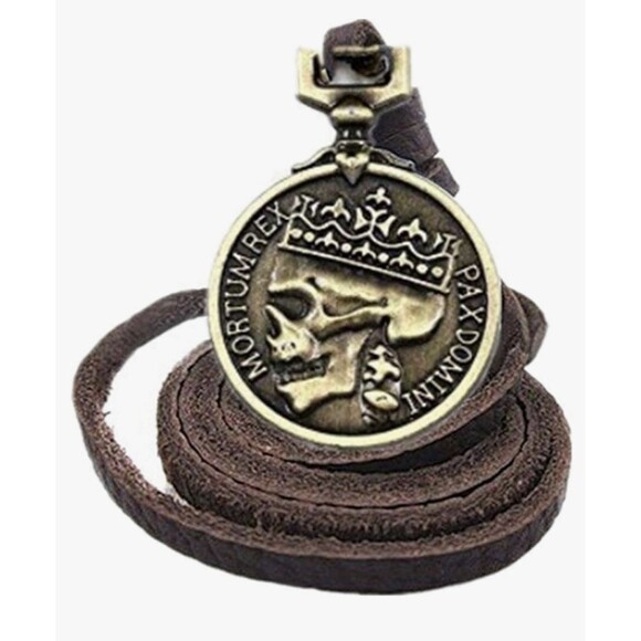 ODETOJOY Classic Skeleton Brown Genuine Leather Pendant Necklace Skull Steampunk - Picture 1 of 4